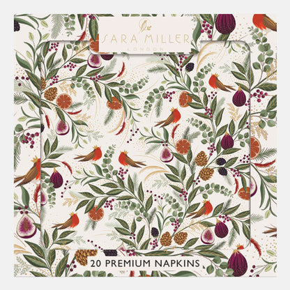 Box of paper napkins with winter foliage, figs and robin design.