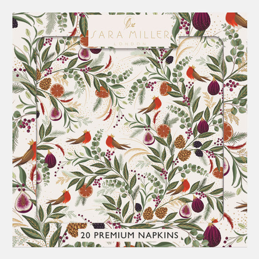 Box of paper napkins with winter foliage, figs and robin design.