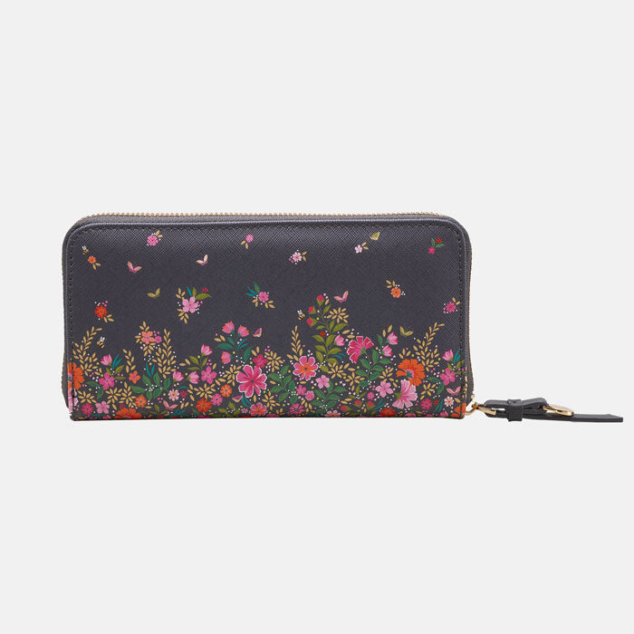 Ditsy floral large purse from the back, white background.