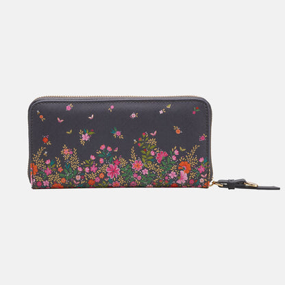 Ditsy floral large purse from the back, white background.