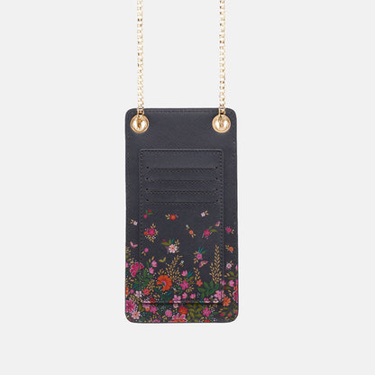 Ditsy floral phone pouch from the back, can see continued design and four card holder slots.