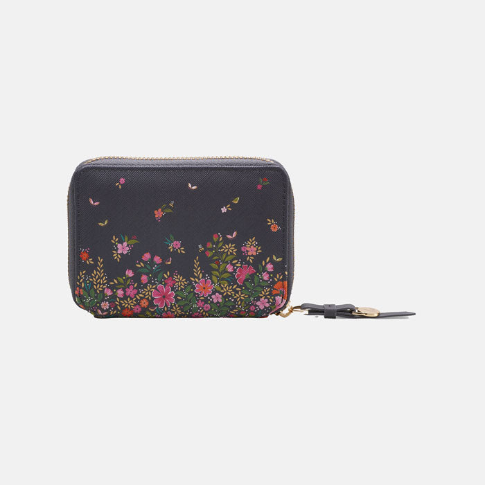 Ditsy floral small purse from back, white background.