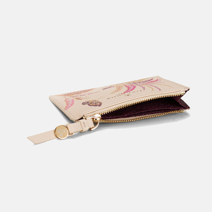 Shows card holder open, can see plum lining inside.