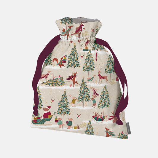 Drawstring bag with Christmas-themed design on a white background