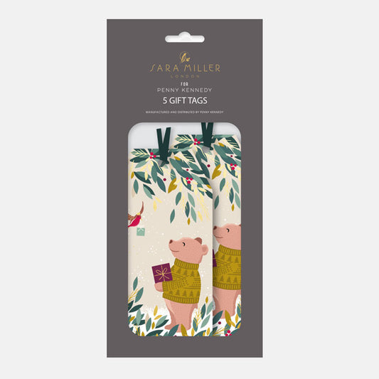 Pack of 5 gift tags with festive design featuring bears and foliage.