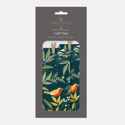 Decorative gift tags with robin and leaf design.