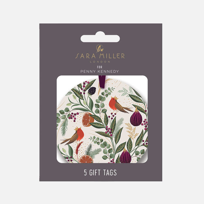 Sara Miller London gift tags in a dark grey hanging card package, featuring winter foliage, figs and robins on the tags.