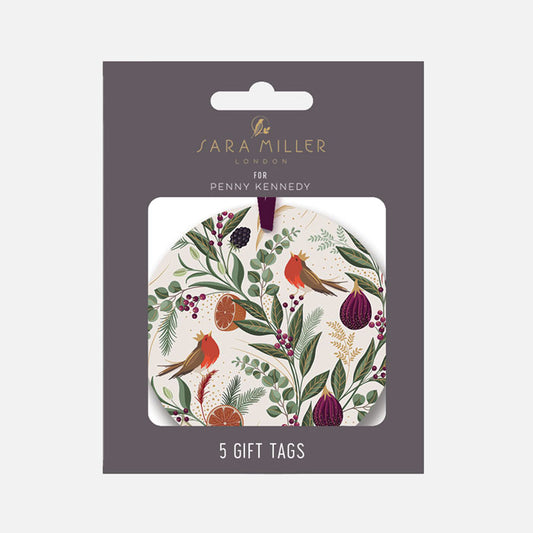 Sara Miller London gift tags in a dark grey hanging card package, featuring winter foliage, figs and robins on the tags.