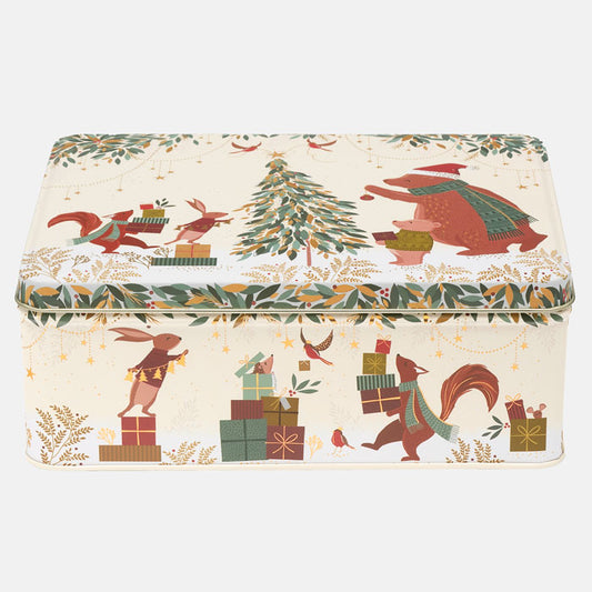 Decorative storage box with Christmas-themed design featuring animals and presents on a white background.