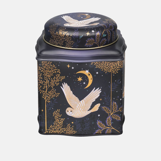 Decorative storage caddy with owl and moon design on a white background