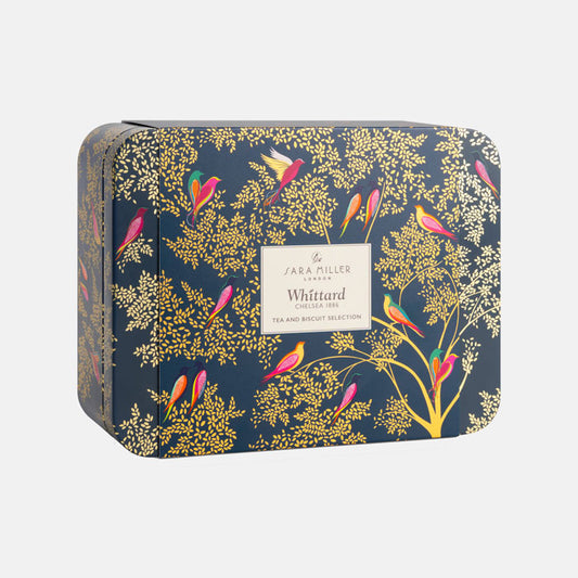 Tea and biscuit selection tin with Smokey Birds design on a white background. 