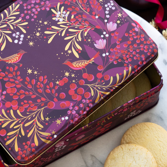 Close up on the tin, can see design details and gold embellishment.