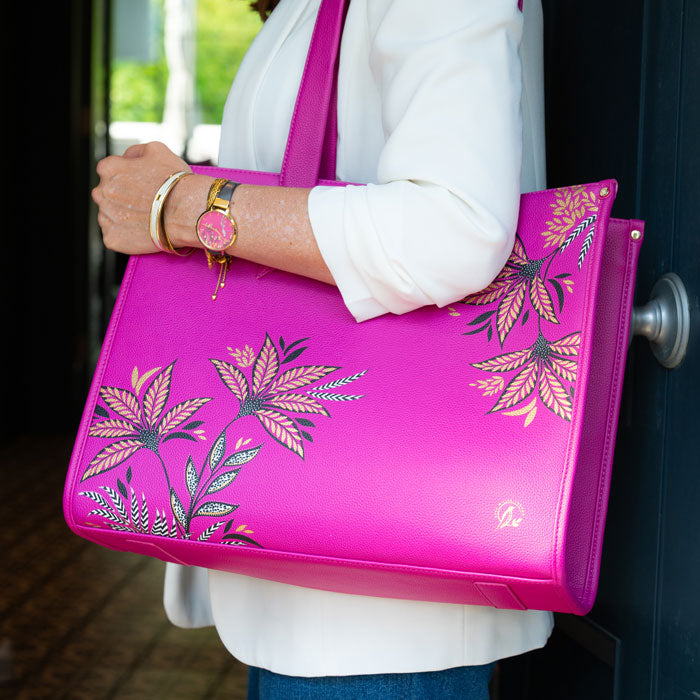 Pink Boxy Tote worn by model.