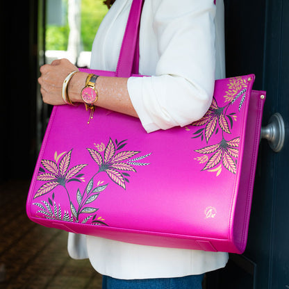 Pink Boxy Tote worn by model.