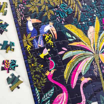 Colourful jungle themed puzzle with animals and foliage.