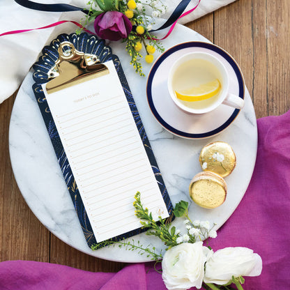 Magnetic list pad with clipboard and peacock feathers design, to-do list style.