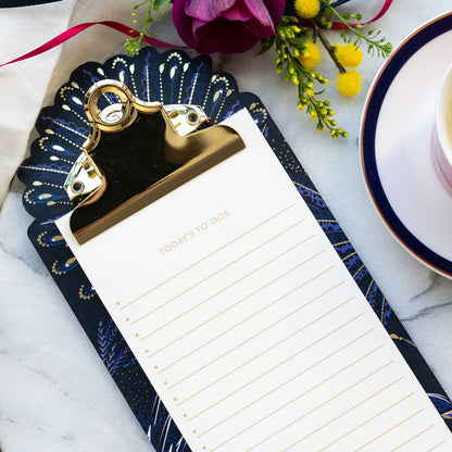 Magnetic list pad with clipboard and peacock feathers design, to-do list style.