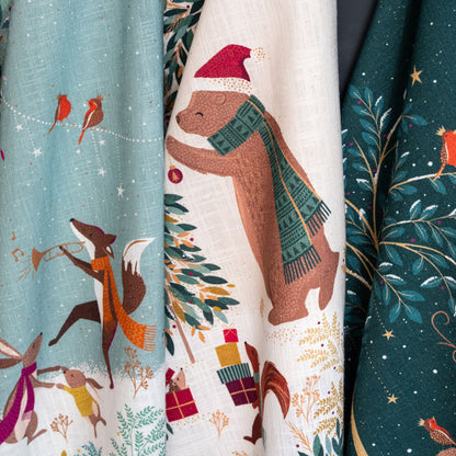 Tea towel with festive animal designs.