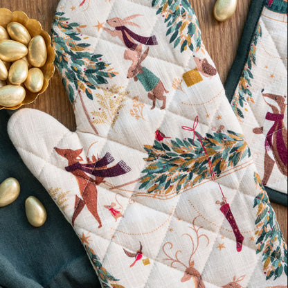 Oven mitt with festive design.