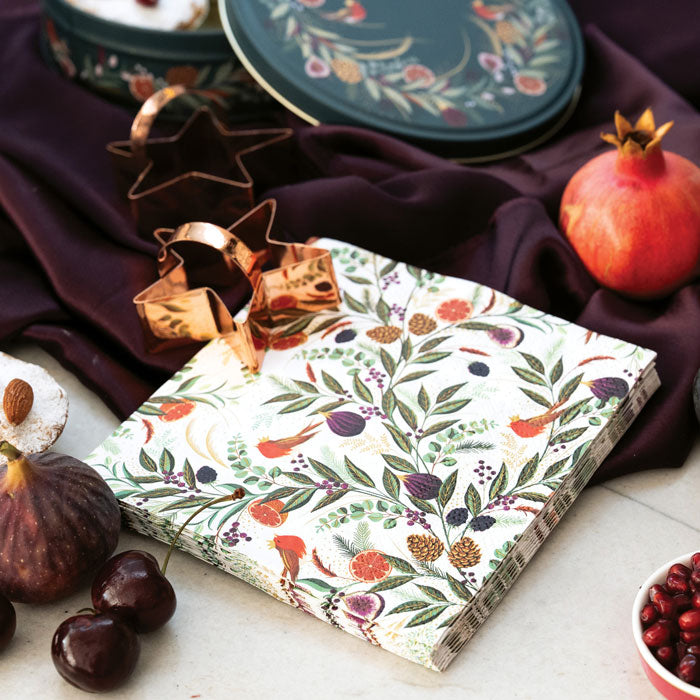 Stack of paper napkins with winter foliage, figs and robin design.