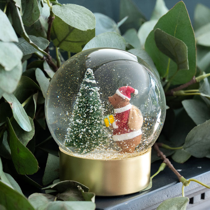 Snow globe with a bear in a Santa outfit and Christmas tree inside, surrounded by green leaves.