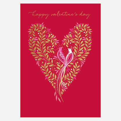 Valentine's Day card with a heart design and bird illustration on a red background.