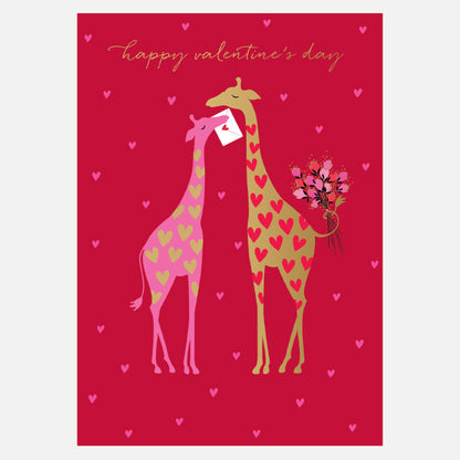Valentine's Day card with two giraffes on a red background with hearts.