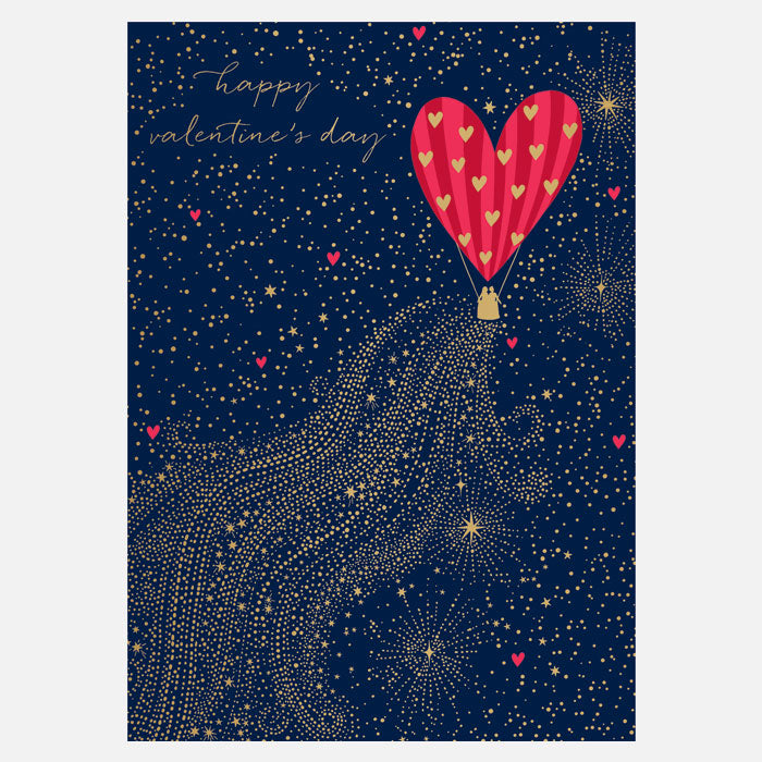 Valentine's Day card with a heart-shaped hot air balloon and stars on a dark blue background.