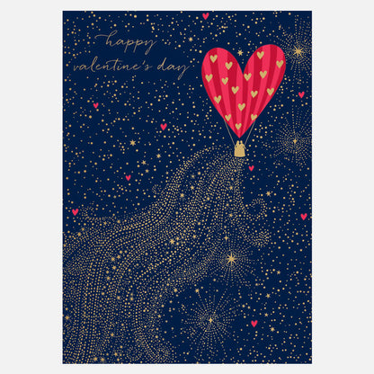 Valentine's Day card with a heart-shaped hot air balloon and stars on a dark blue background.