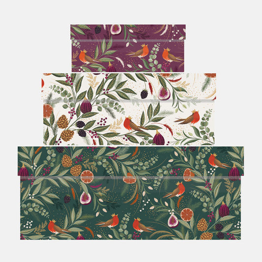 Set of three rectangular gift boxes stacked, with winter designs of figs and ferns with robins and foliage, one in plum, one in cream and one in green.