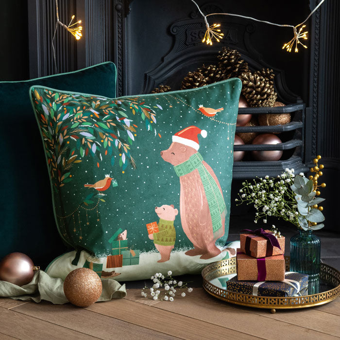 Woodland Tales Bear and Robin Velvet Cushion