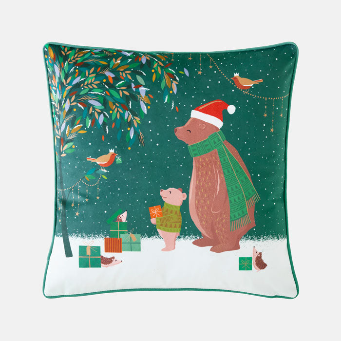 Woodland Tales Bear and Robin Velvet Cushion