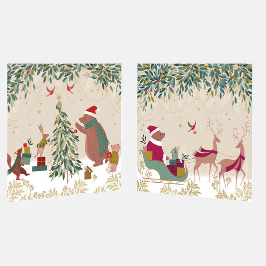Two Christmas-themed illustrations featuring a bear and deer with presents, surrounded by foliage.