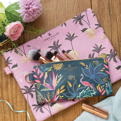 Savannah Ostrich & Palms Large Flat Pouch - Iced Pink
