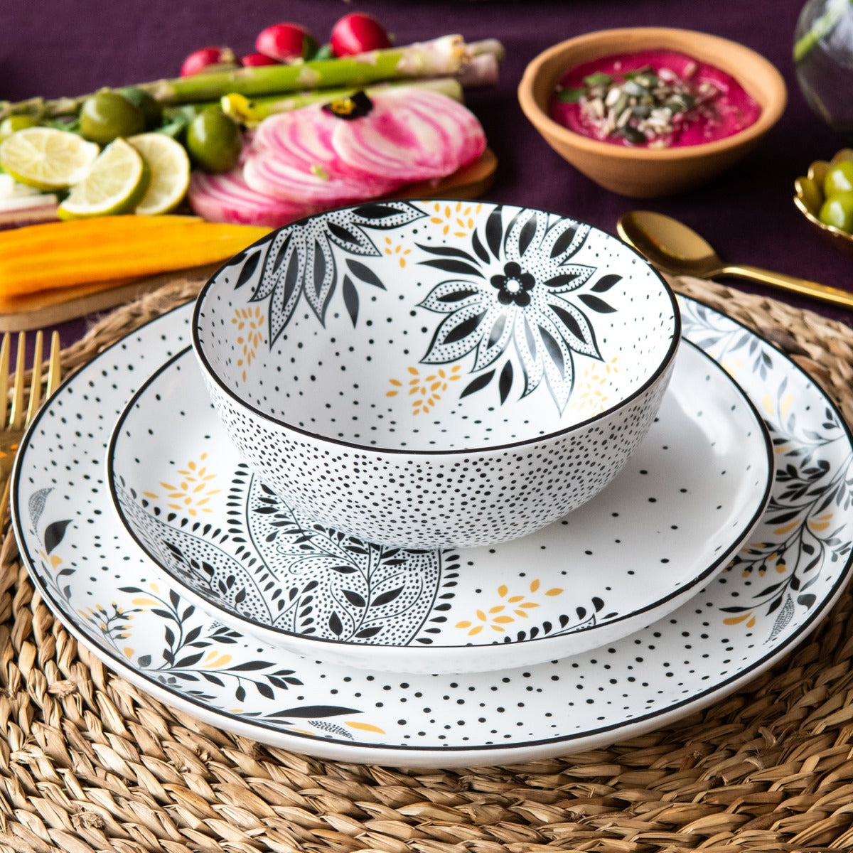 TRUDEAU - Ensemble de Vaisselle à Motifs de 24 Pièces en Porcelaine TRUDEAU - Ensemble de Vaisselle à Motifs de 24 Pièces en Porcelaine