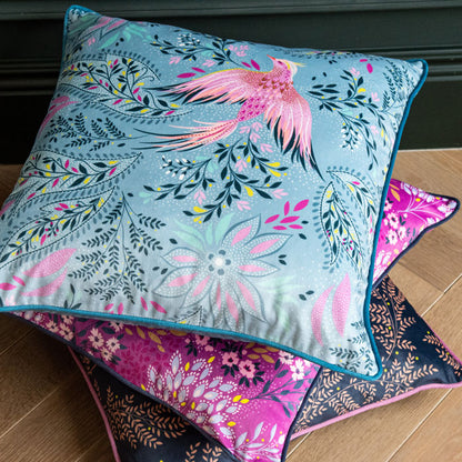 Dusky Blue Bird of Paradise Velvet Cushion