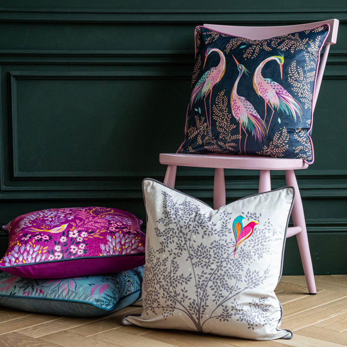 Midnight Dancing Cranes Velvet Cushion