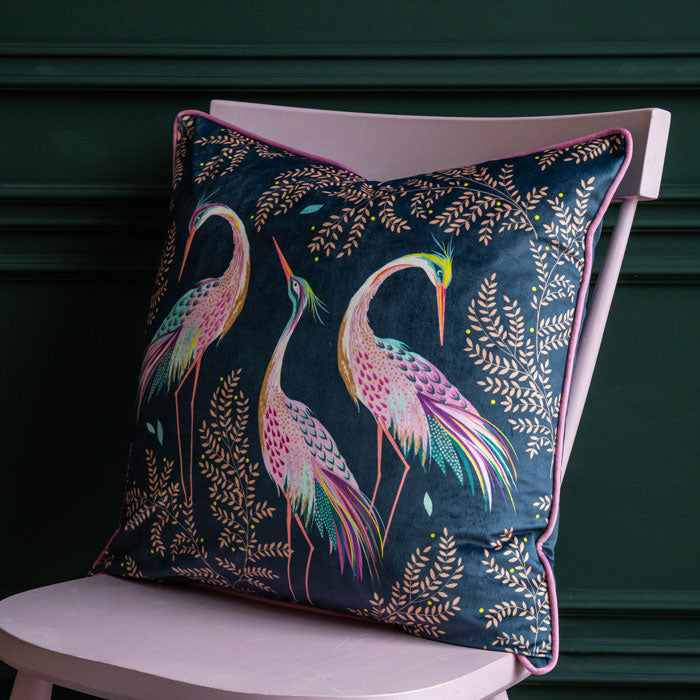 Midnight Dancing Cranes Velvet Cushion