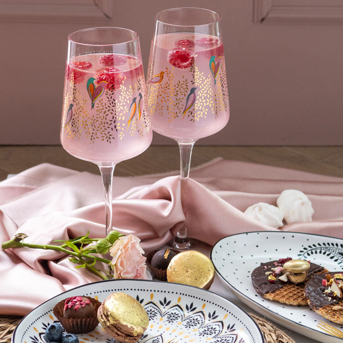 Gold Leaves & Birds Wine Glass - Set of 2