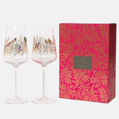 Gold Leaves & Birds Wine Glass - Set of 2