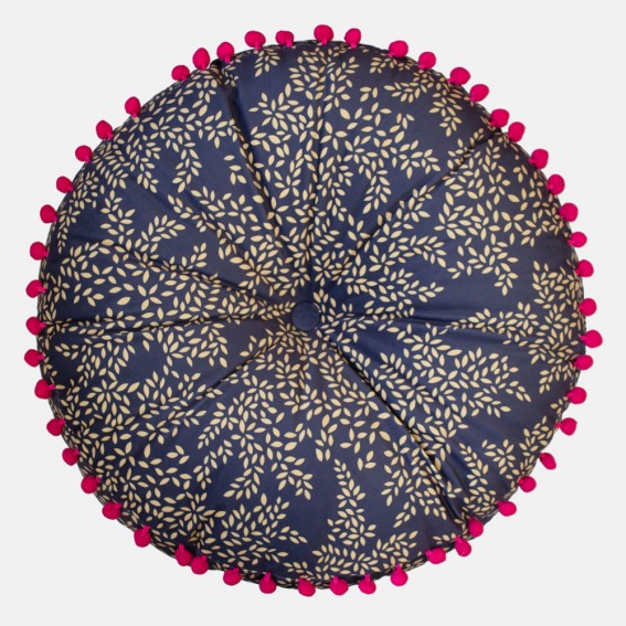 Navy Little Leaves Round Feather Filled Cushion