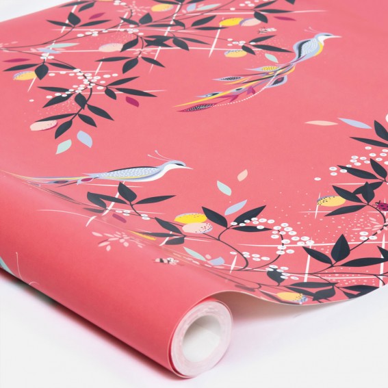Orchard Birds Coral Wallpaper 