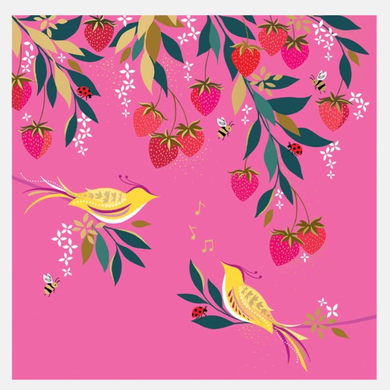 Pink Musical Birds in Strawberry Tree Card