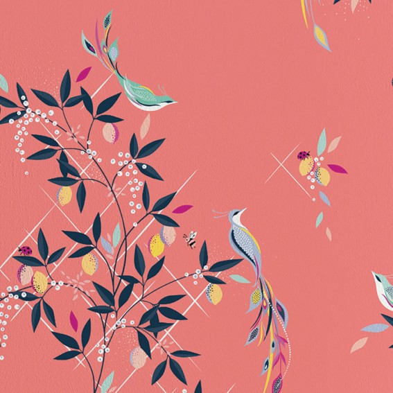 Orchard Birds Coral Wallpaper SAMPLE
