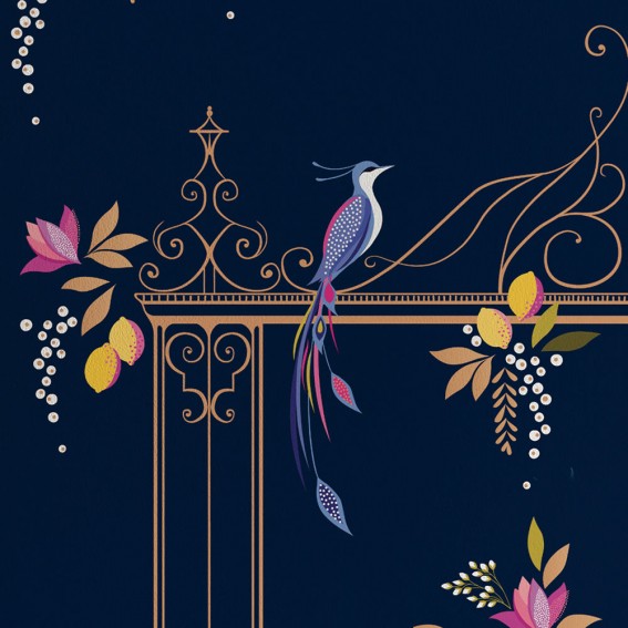 Navy Orchard Birds & Gate Wallpaper SAMPLE
