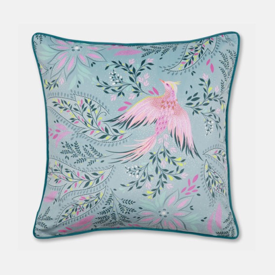 Dusky Blue Bird of Paradise Velvet Cushion