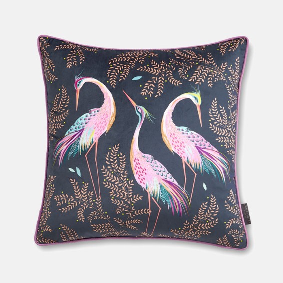 Midnight Dancing Cranes Velvet Cushion