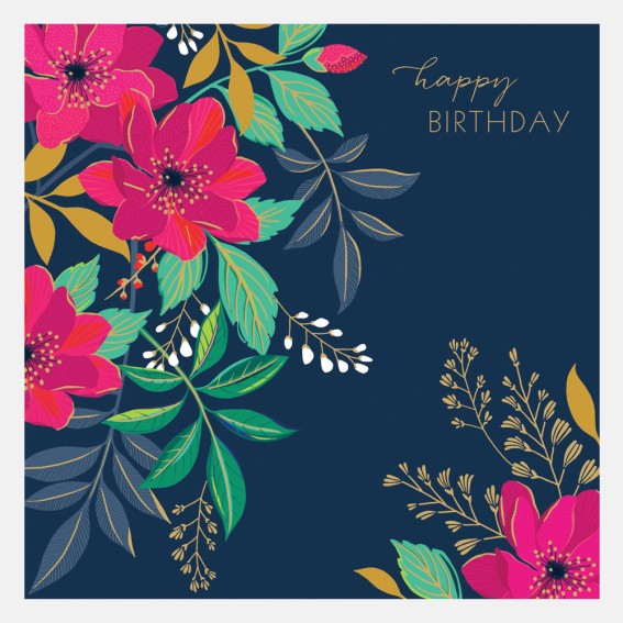 Navy Floral Happy Birthday Card 