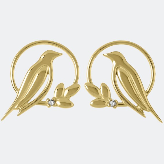 Genuine Diamond Bird Gold Stud Earrings