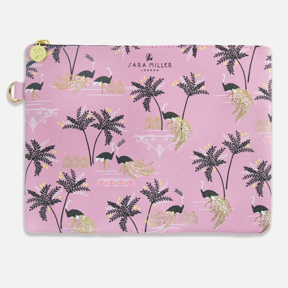 Savannah Ostrich & Palms Large Flat Pouch - Iced Pink